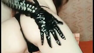 Red head vintage whore gives herself anal pleasure with her leather